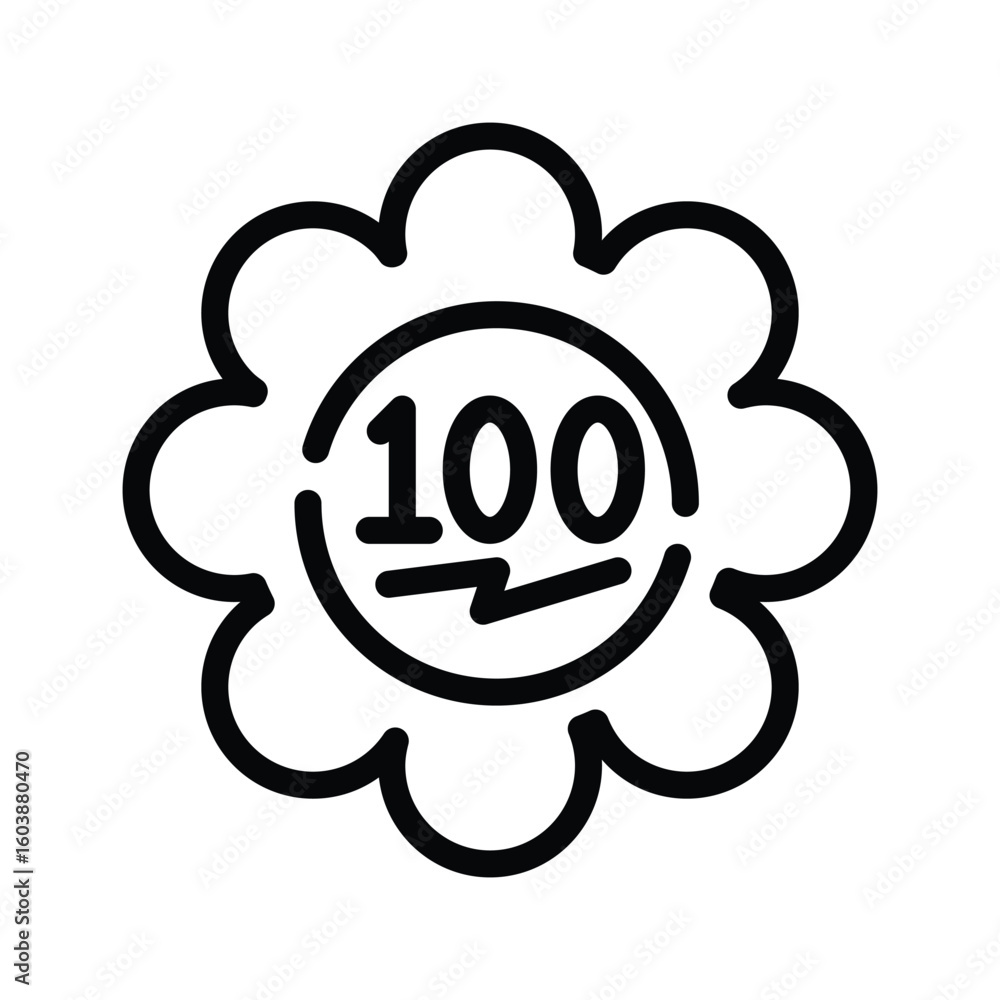 Poster black outline of a flower with a circle containing the number 100 and a zigzag line below it