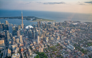 Twilight Over Toronto. Stunning Aerial View from Helicopter