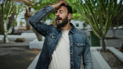 Hispanic man with beard in a denim jacket stands outdoors in a park, surrounded by green trees,...