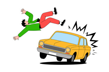 Crash and Impact: Depicting the instant aftermath of an accident, a car colliding with a pedestrian, illustrating a high-impact collision with a blend of shock and danger.