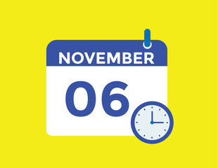 6 November, calendar date icon. 6 November Calendar Date for Deadlines or Appointment. Day, month. vector illustration.
