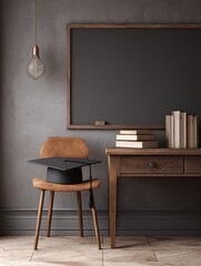 A muted, modern study/classroom scene with a graduation cap on a chair, blackboard, and books