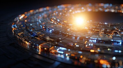 Abstract Futuristic Technology Background with Orange and Blue Glowing Radial Circular Pattern, Detailed 3D Rendering of Complex Metallic Network