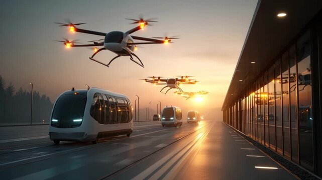 Futuristic scene showcases drones soaring above transit hub at sunset, symbolizing progress