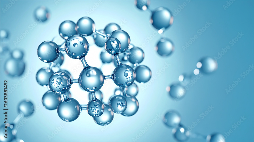 Poster a detailed 3d rendering of an abstract molecular structure composed of interconnected, translucent s