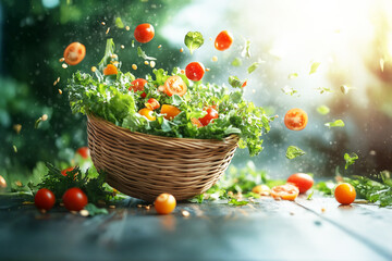 Flying vegetables, jumping in a wicker basket, bright sun, vibrant green,