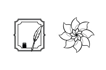 Ornate frame with quill and inkwell beside floral design