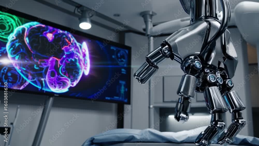 Poster robotic arm in hightech workspace modern, sleek design for tech projects, encouraging innovation and