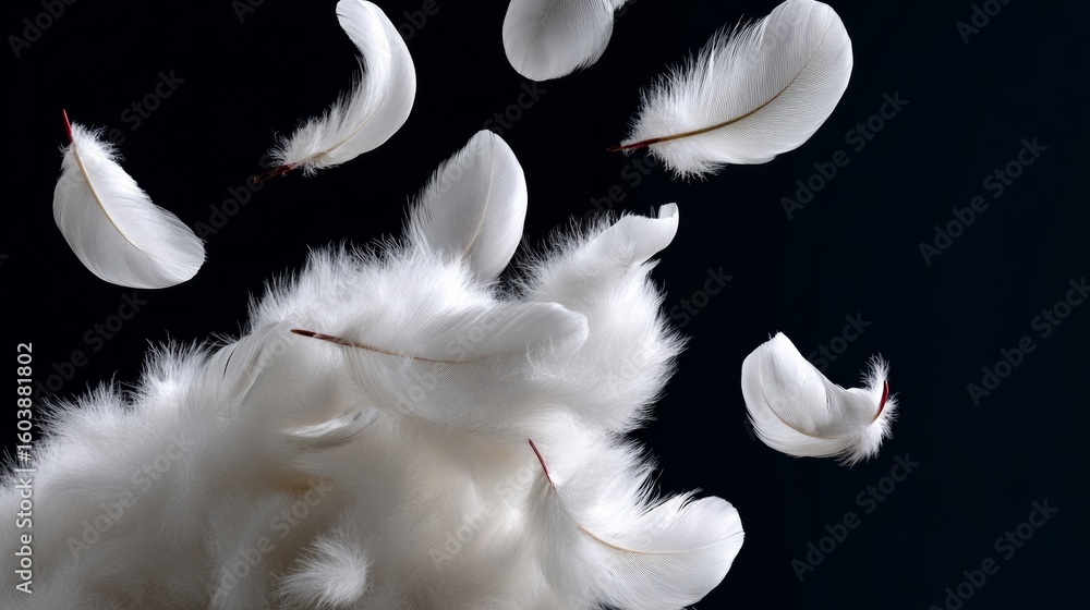Poster cloud of white feathers floating in the air. the feathers are scattered in various directions, creat