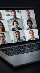 Diverse Team Collaborating on a Virtual Meeting via Laptop Screen