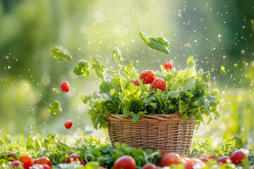 Flying vegetables, jumping in a wicker basket, bright sun, vibrant green,