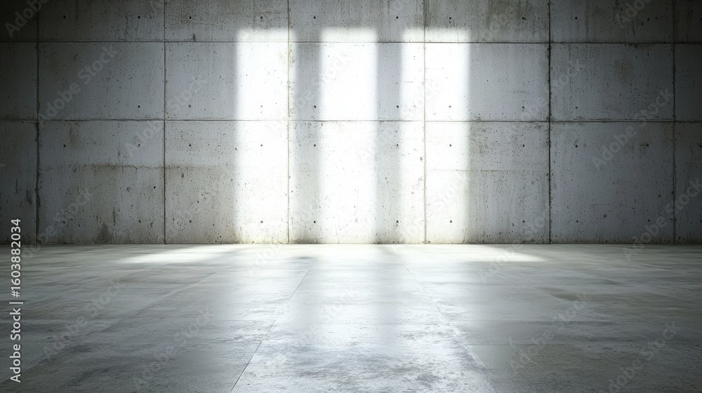 Poster a large empty concrete room with a bright light source.