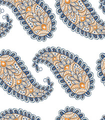 Seamless paisley pattern with intricate floral details in deep blue and ochre on a white background, perfect for textile design, apparel, and sophisticated home decor