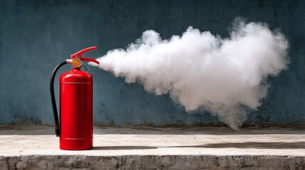 Red fire extinguisher is spraying out smoke. Concept of danger and urgency, as the fire extinguisher is being used to put out a fire. The smoke and the extinguisher's red color create a dramatic