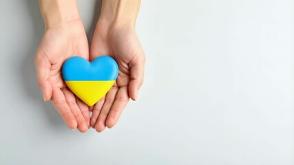 Supportive hands holding a blue and yellow heart with plenty of white copy space for message about peace and love - Powered by Adobe