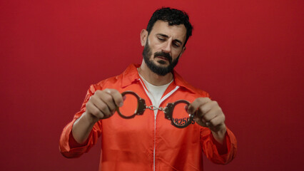Hispanic man with beard in prison jumpsuit holding handcuffs against a vibrant red background,...