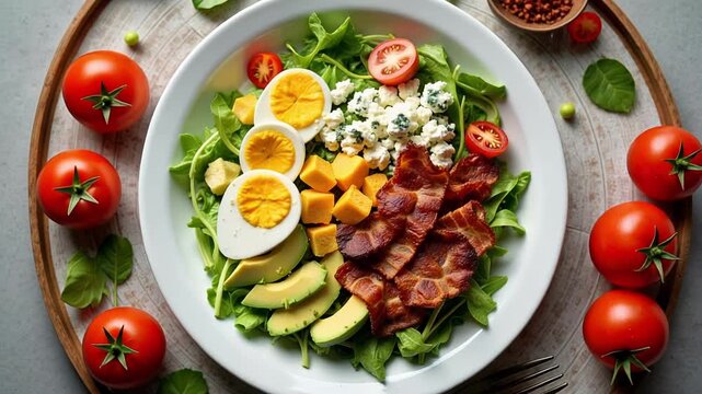 Delicious Cobb salad with fresh avocado, crispy bacon, boiled egg, and creamy blue cheese. Overhead shot. Perfect for healthy eating ads!