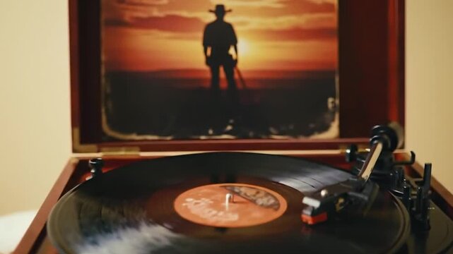 Record Player Spinning Vinyl Disk on Wooden Console Table