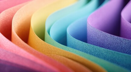 A close-up showcases a vibrant array of pastel-colored paper strips, artfully arranged in a flowing, wave-like pattern, creating a visually appealing spectrum of hues and textures