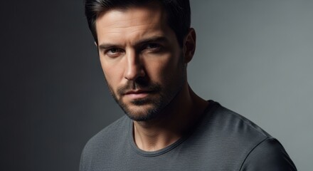 Obraz premium A striking portrait of a handsome man with intense eyes and a beard captured in studio lighting