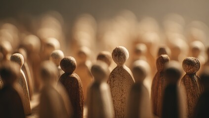 A shallow depth of field shot shows a dense crowd of small, light brown wooden figurines, suggesting a large group of people.  The lighting is warm and slightly hazy, creating a contemplative mood