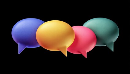 Four 3D speech bubbles in blue, yellow, pink, and teal, arranged horizontally against a black background, exhibiting a glossy, realistic texture