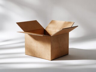 An empty, open cardboard box sits on a white surface, illuminated by soft, dappled sunlight casting shadows