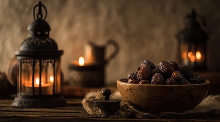A wooden bowl filled with dark-colored dates sits center stage, bathed in the warm glow of candlelight emanating from ornate lanterns and a dimly lit background