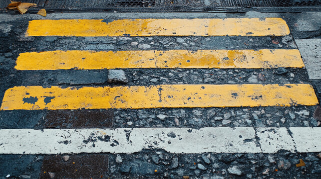 Worn yellow and white road stripes weathered asphalt texture - Powered by Adobe