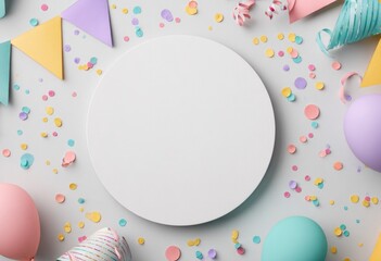 A pastel-colored celebratory scene featuring a central blank circular space surrounded by confetti, party hats, and balloons, ideal for announcements or messages