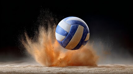 Volleyball is in the air and has landed in a pile of sand. The scene is dynamic and energetic, with the ball's trajectory and the sand's movement creating a sense of motion and action