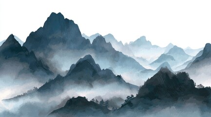 A misty mountain range depicted in shades of blue and grey, evokes a sense of serenity and depth through the layering of peaks and valleys shrouded in fog