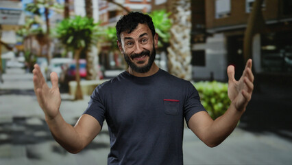 Hispanic man with beard gestures joyfully outdoors on urban street with trees and buildings in...