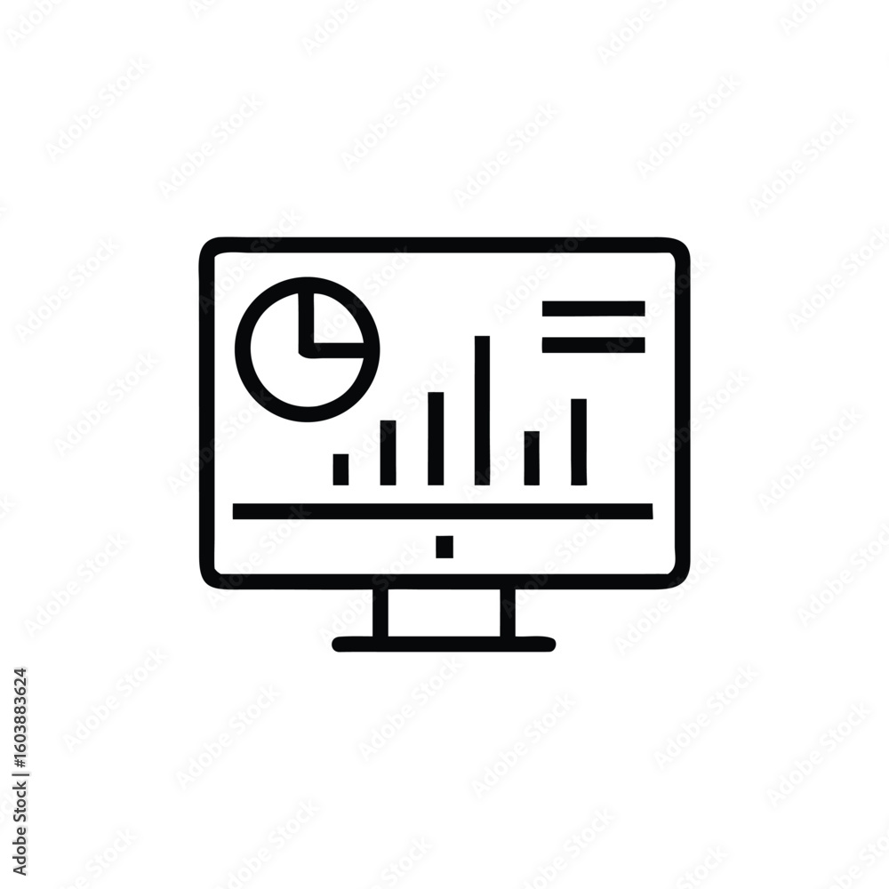 Poster flat black line art vector of a monitor displaying a user dashboard. suitable for software interface