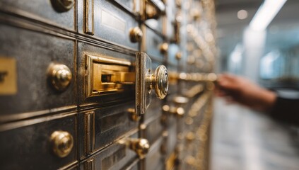 Close-up of a person opening a compartment in a row of metallic mailboxes with brass accents, shallow depth of field