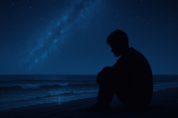 Silhouette of person sitting on beach at night under starry sky with visible Milky Way