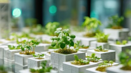 Numerous small green plants sprout from miniature white square planters, arranged in a grid-like pattern on a surface.  The background is blurred, suggesting an indoor setting