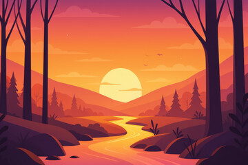 Sunset over river flowing through forest with hills and birds flying in sky