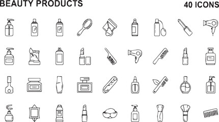 Beauty Products 40 icons line drawing isolated on white background