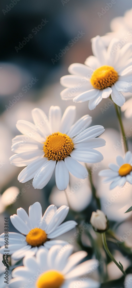 Poster close up of several daisies with a shallow depth of field in soft lighting