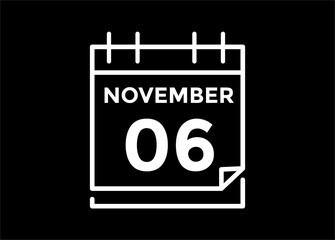 6 November, calendar date icon. 6 November Calendar Date for Deadlines or Appointment. Day, month. vector illustration.
