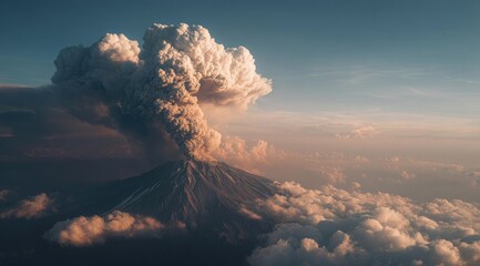 A majestic volcano erupts, billowing a massive plume of ash and smoke into a vibrant sunset sky, viewed from a high-altitude perspective above a sea of clouds