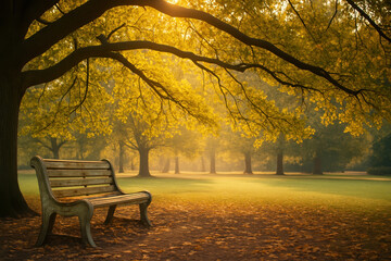Autumn park bench under golden tree branches with soft sunlight and peaceful mood
