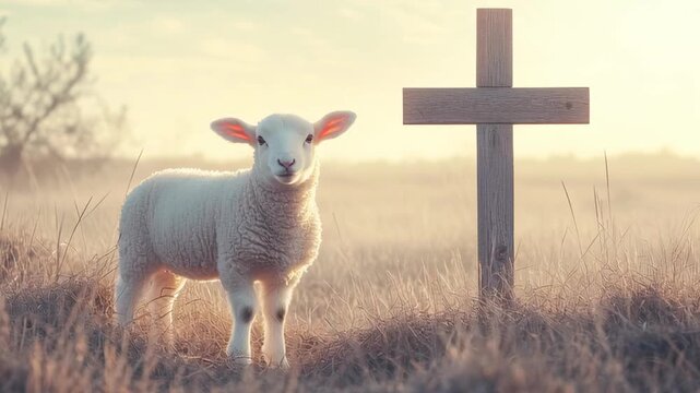 A gentle spring lamb stands beside a wooden Christian cross in a field lit by soft morning light, symbolizing Easter, the sacrifice of Jesus Christ, and the promise of new life and hope