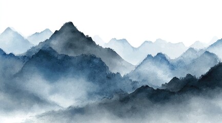 An atmospheric watercolor landscape depicting a misty mountain range in shades of blue and gray, rendered in a style reminiscent of traditional East Asian art
