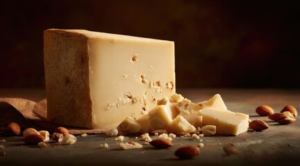A wedge of pale yellow cheese sits on a dark surface, next to several cut pieces and almonds.  Low-key lighting enhances the texture and color