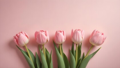 Naklejka premium Five beautiful pink tulips in a row, set against a soft pink backdrop.
