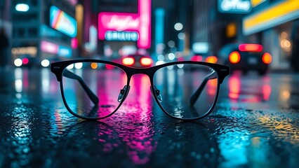 Blackrimmed glasses on wet city street at night