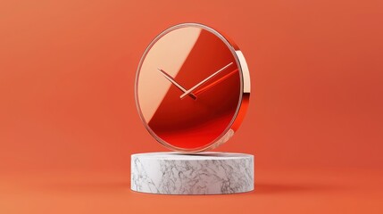 A red clock with a gold frame and white face sits on a white marble pedestal against a solid orange background.