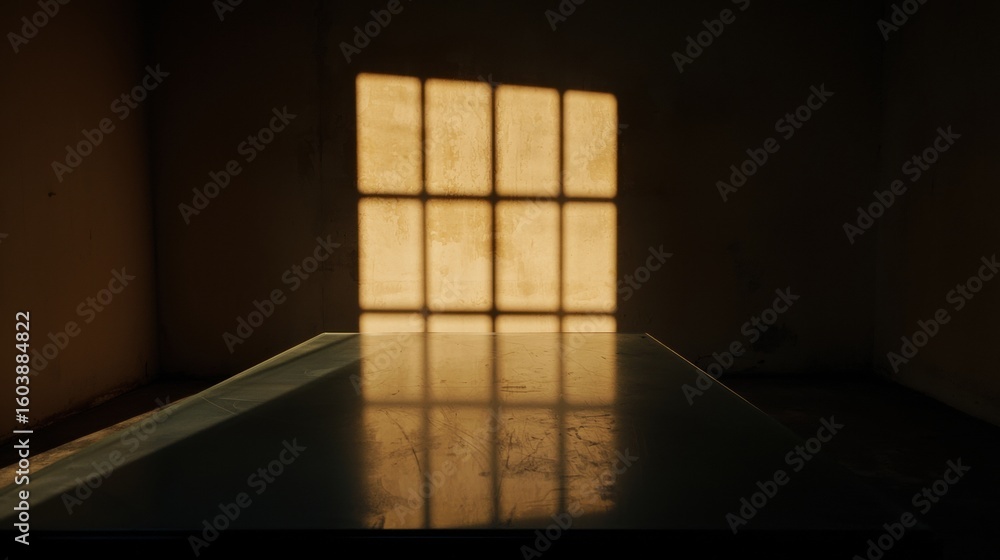 Poster sunlight streaming through a window casting a shadow on a table.